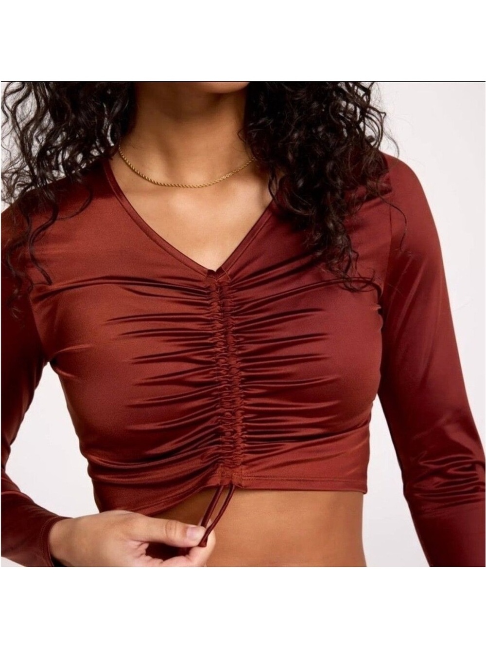NWT Calia Rash‎ Guard Medium Long Sleeve Ruched Top Red Brown Shine swim Shirt